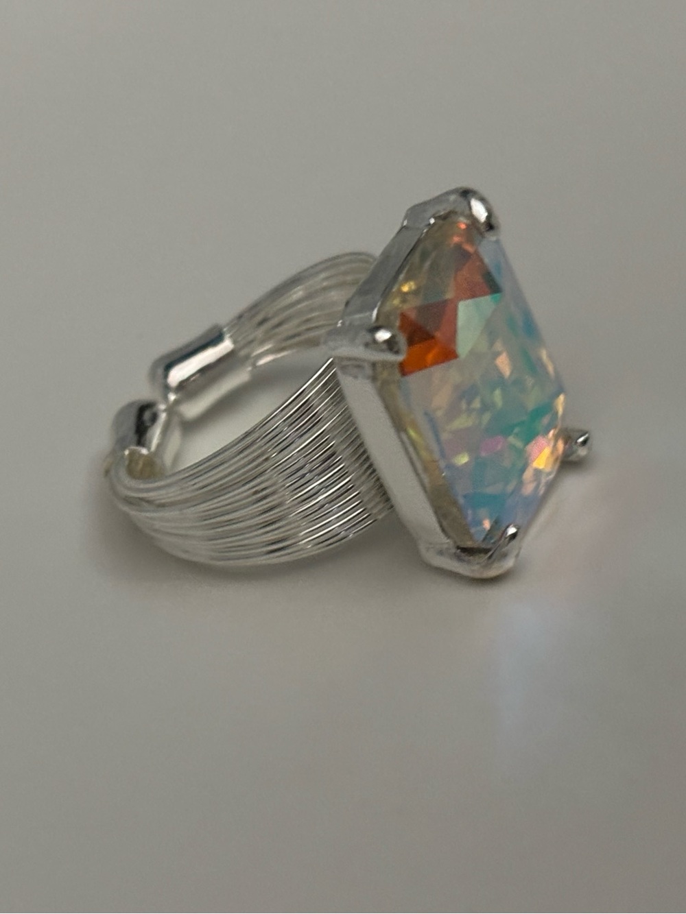 Silver AB Rectangle Glass Ring w/ Silver Band